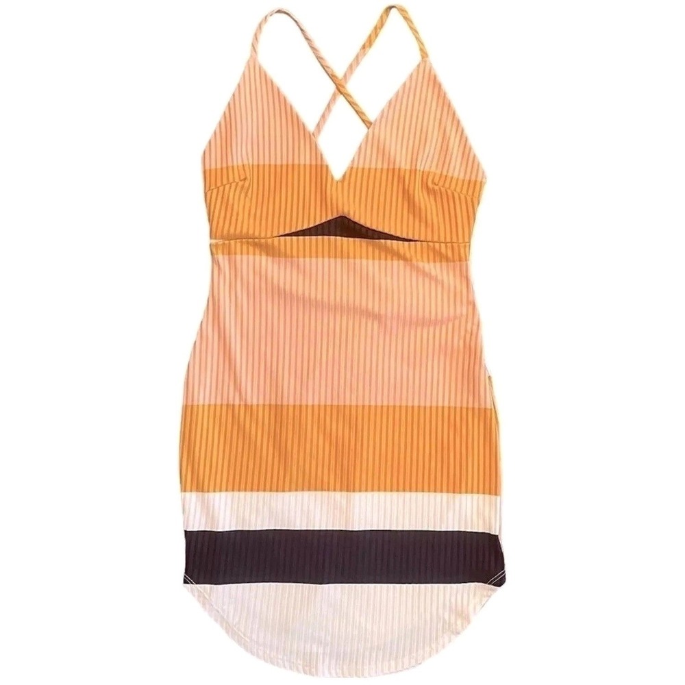 Privy Striped Bodycon Mini Dress Orange Peach Cutout V-Neck Ribbed Size M